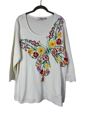Quacker Factory Butterfly Floral Rhinestone Cream Tunic Top size XL 3/4 Sleeve